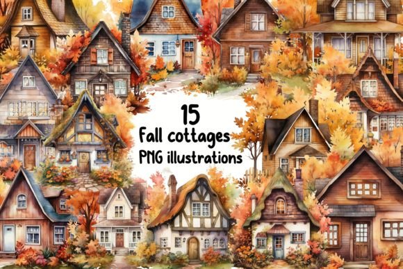 15 Watercolour Fall Decorated Cottages Illustrations: Cozy Autumn Charm for Local Branding