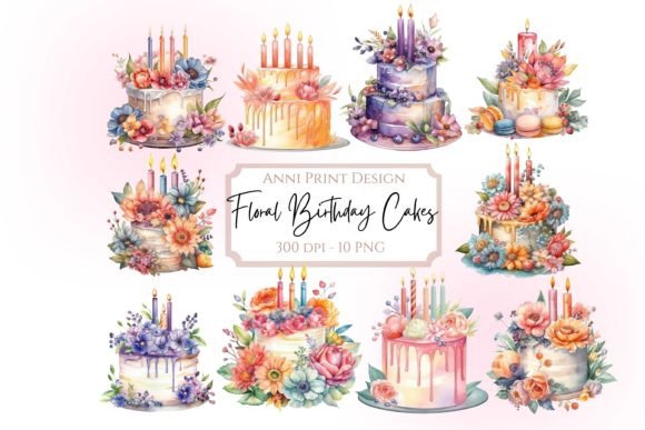 Birthday Cakes with Flowers – Watercolor Illustrations for Crafters & Etsy Sellers