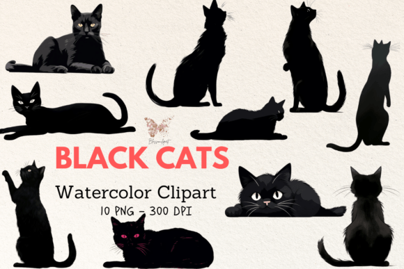 Black Cat Watercolor Cliparts