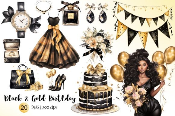 Black Gold Birthday Watercolor Clipart: Elegant Illustrations for Visual Content Publishing