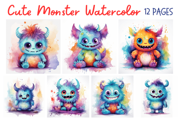 Cute Monster Watercolor Designs for Embroidery Projects