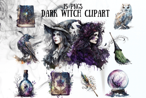 Dark Witch Watercolor Clipart Pack for Branding & Marketing Projects