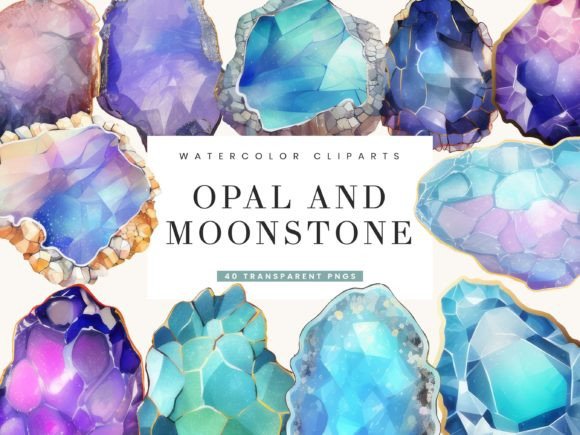 Elegant Watercolor Opal and Moonstone Clipart for Sophisticated Brand Illustrations