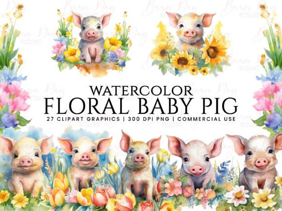 h1Watercolor Floral Baby Pig Clipart for Branding & Marketing Illustrations/h1