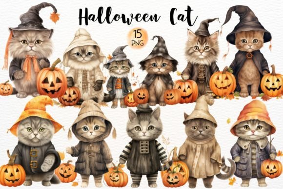 Halloween Cat Watercolor Illustrations for Creative Sellers