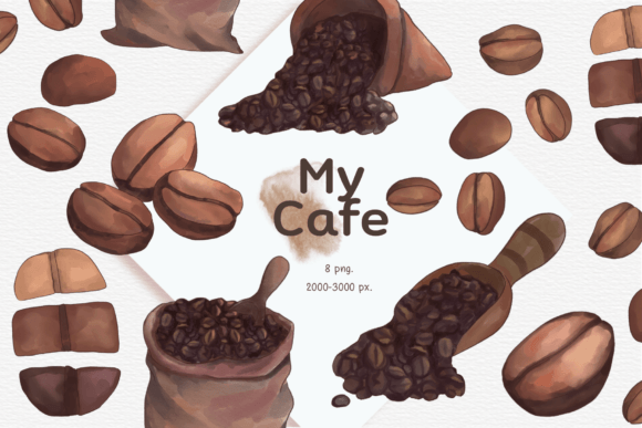 My Cafe Watercolor Coffee Beans – A Fresh Illustration for Cozy Content Brands