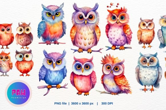 Owl Clipart Set of Funny Owls Watercolor: Playful Illustrations for Branding and Creative Design