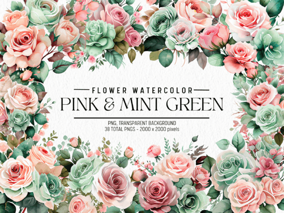 Pink and Mint Green Flowers Watercolor Illustrations for Real Crafting