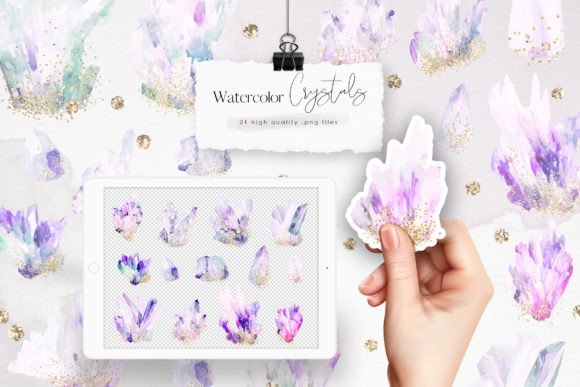 Purple Watercolor Crystals Clipart for Branding & Marketing Illustrations
