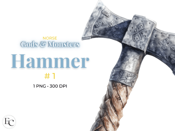 Viking Hammer Weapon Watercolor Clipart for Bold Editorial Visuals