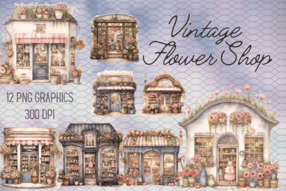 Vintage Flower Shop Watercolor Graphics for Crafters & Etsy Sellers