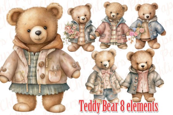 Vintage-Inspired Watercolor Teddy Bears Clipart for Brand Illustrations