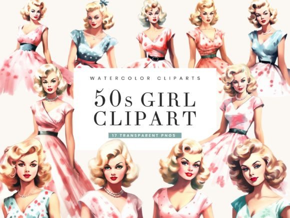 Watercolor 50s Retro Girl Clipart for Branding & Marketing