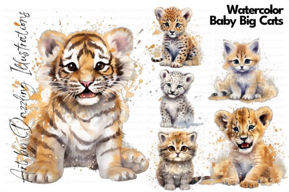 Watercolor Baby Big Cats Illustrations: A Fresh Editorial Design Asset for Bloggers and Publishers