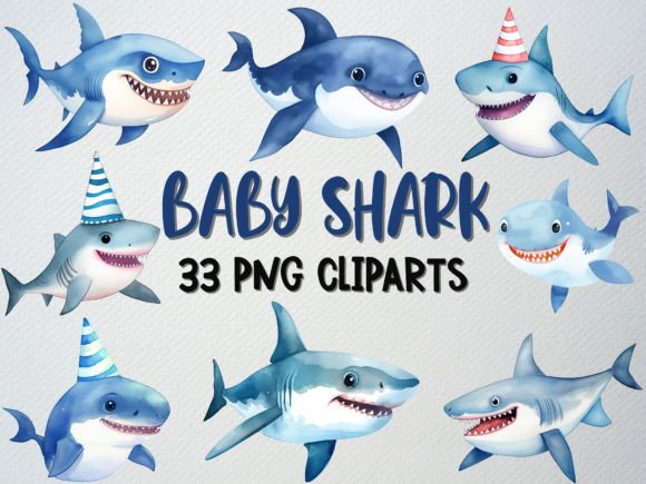 Watercolor Baby Shark Clipart Set, 33 PNG for Illustrations Projects