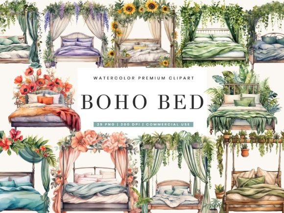 Watercolor Boho Bed Clipart for Branding and Creative Projects