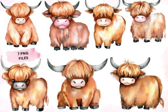 Watercolor Cute Highland Cow Illustrations for Branding & Creative Projects