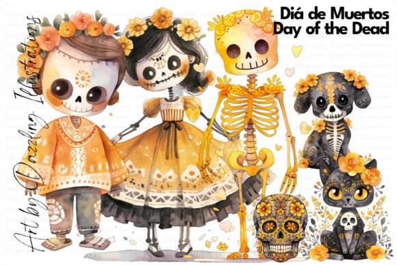 Watercolor Diá De Muertos Halloween Illustrations for Digital Sellers