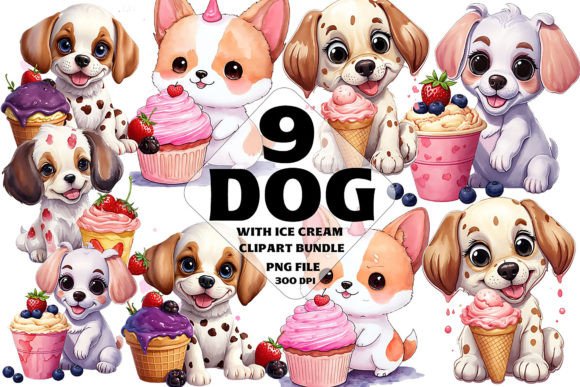 Watercolor Dog with Ice Cream Clipart Brings Playful Charm to Branding and Marketing Visuals