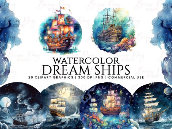 Watercolor Dream Ships Clipart Bundle: Soft Illustrations for Lifestyle & Creative Blogs