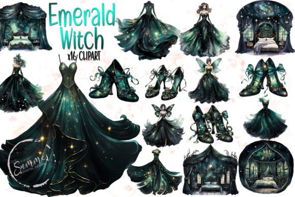 Watercolor Emerald Witch Enchanted Ball Illustrations for Crafters