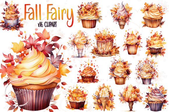 Watercolor Fall Fairy Cupcakes Bundle: Illustrations for Cozy, Magical Branding