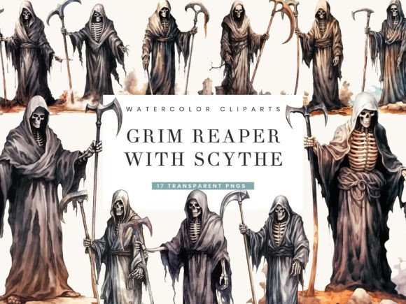 Watercolor Grim Reaper with Scythe Illustration: A Bold Design Asset for Marketing and Branding