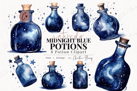 Watercolor Midnight Blue Potion Clipart: A Moody Magic for Crafters & Etsy Sellers