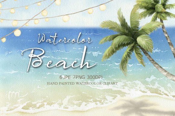 Watercolor Palm Tree Beach Background Illustration for Digital Sellers
