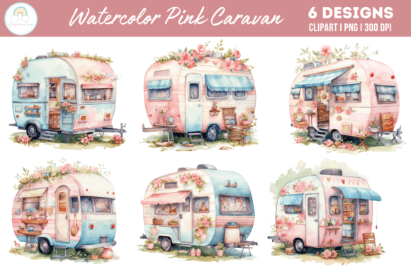 Watercolor Pink Caravan Camping Illustrations for Digital Sellers