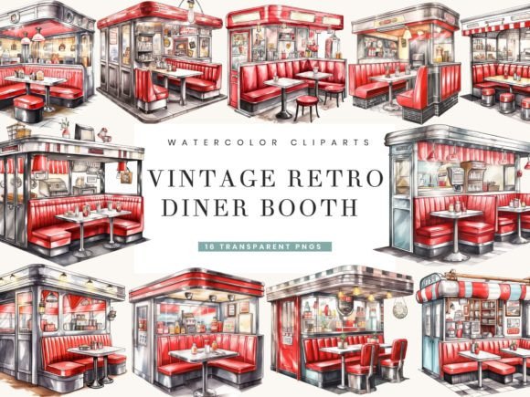 Watercolor Retro Diner Booth Illustrations for Blog & Editorial Design