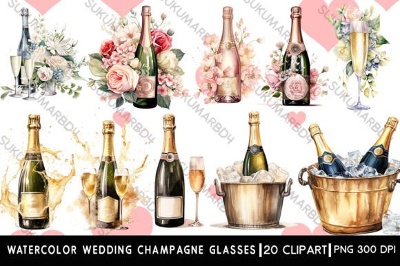 Watercolor Wedding Champagne Glasses: Elegant Illustrations for Wedding & Lifestyle Branding