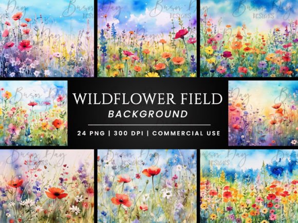 Watercolor Wildflowers Field Background Illustrations for Real Crafting