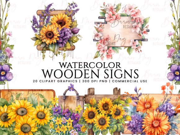 Watercolor Wooden Sign Clipart Bundle: Handmade Charm for Local Branding